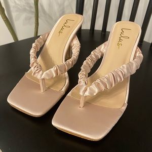 Lulu’s Pink Satin Square Toe High Heel Sandals